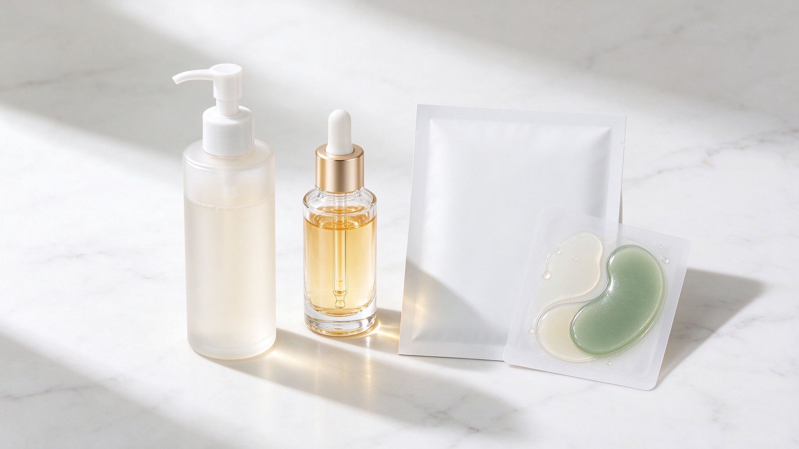 Professional skincare four-step process formula guide: Cleansing → Essence → Mask → Eye Mask