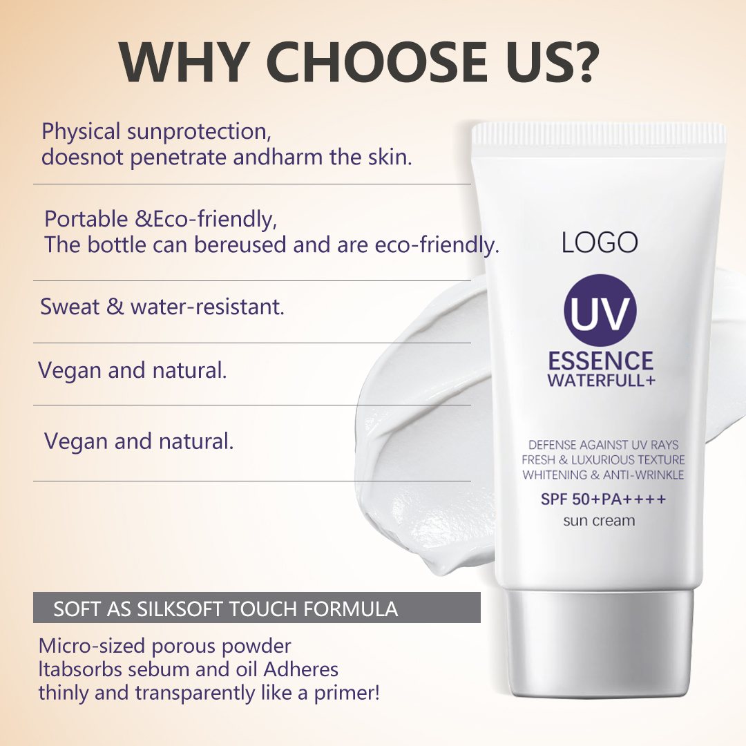 SPF50+ PA++++ Physical UV Essence Sunscreen, Vegan Natural Water Resistant Sun Cream