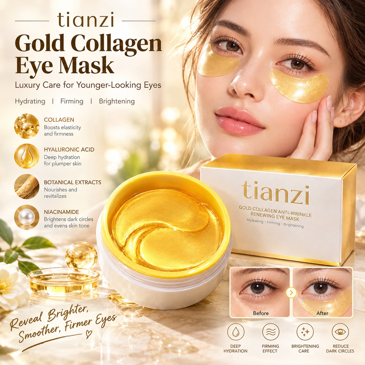 24K Gold Collagen Hydrogel Eye Patches, Moisturizing Anti-Aging Under Eye Gel Mask Reduce Dark Circles & Puffiness OEM Private Label
