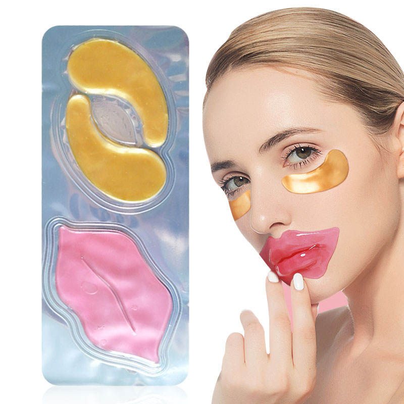Gold Collagen Eye Mask and Cherry Lip Mask Combo Set - Dual Skin Care for Eyes and Lips, Moisturizing and Reducing Fine Lines