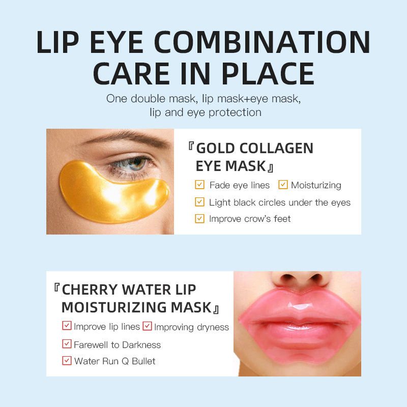 Gold Collagen Eye Mask and Cherry Lip Mask Combo Set - Dual Skin Care for Eyes and Lips, Moisturizing and Reducing Fine Lines